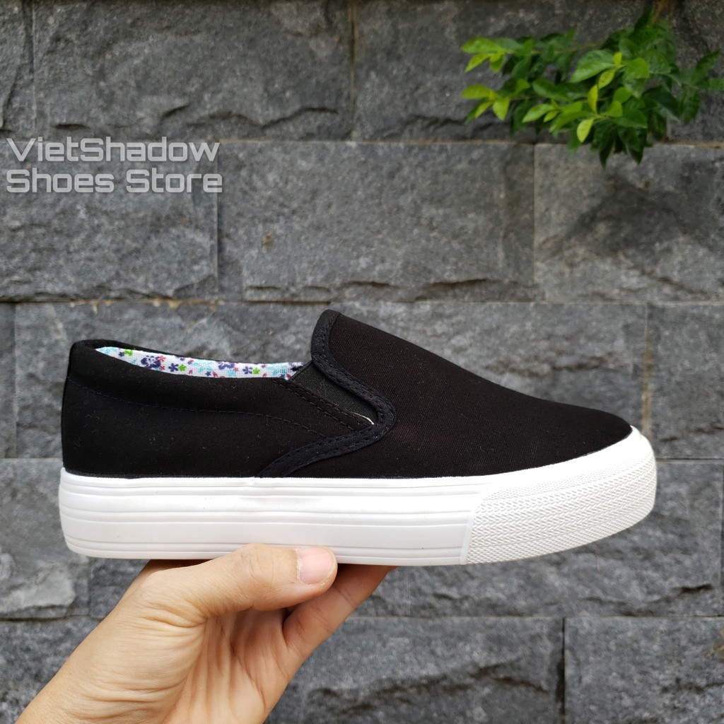 Slip on vải nữ - Giày lười vải nữ độn đế - Vải thô 2 màu (trắng) và (đen) đế trắng - Mã SP: H802