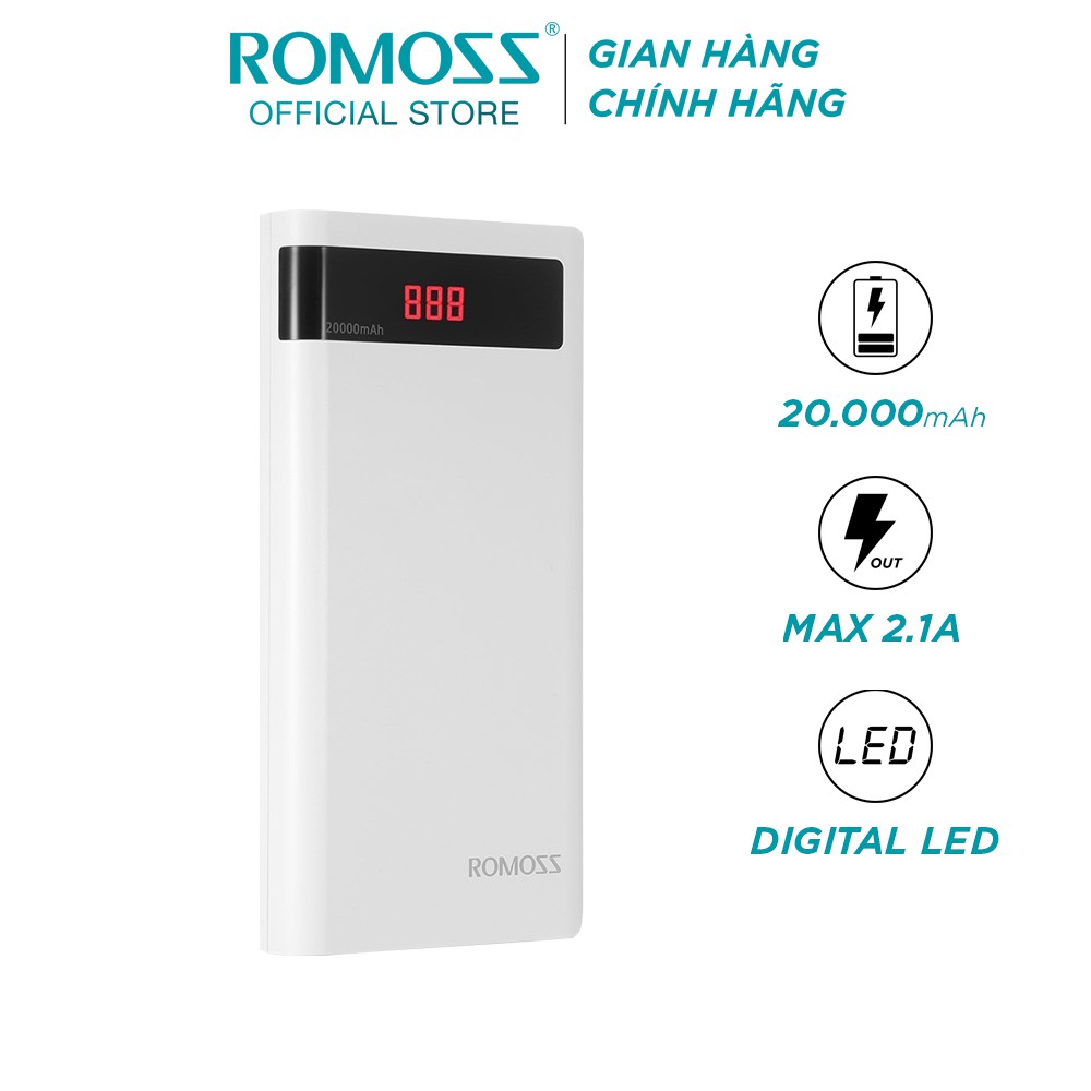 Pin sạc dự phòng Romoss Sense 6P 20.000mAh hiển thị màn hình LED (Trắng) - Hãng phân phối chính thức