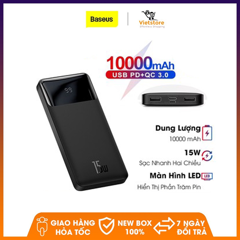 Pin sạc dự phòng Baseus dung lượng 10000mAh, công suất 15W sạc nhanh QC, PD, màn hình LED hiển thị