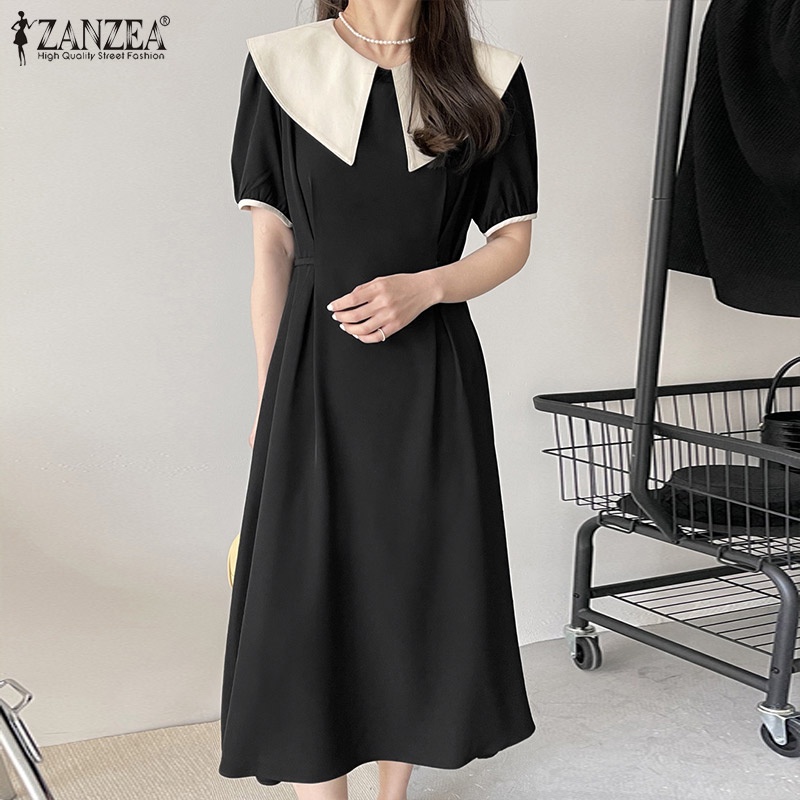 Đầm dài Zanzea tay ngắn có nút cài sau lưng màu tương phản phong cách Hàn Quốc thời trang cho nữ
