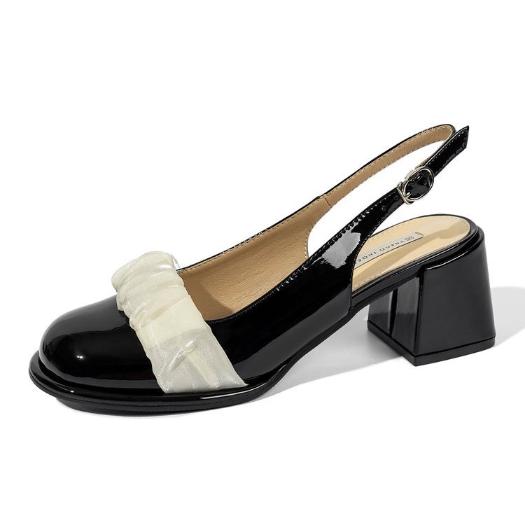 Giày nữ SlingBack gót vuông cao 5cm, mũi tròn đính dải voan trắng, dây cài sau gót tiểu thư, sang trọng, thanh lịch