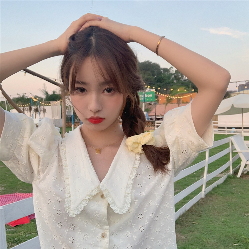 Áo màu trắng cổ chữ V tay phồng phối vải ren xinh xắn dễ thương