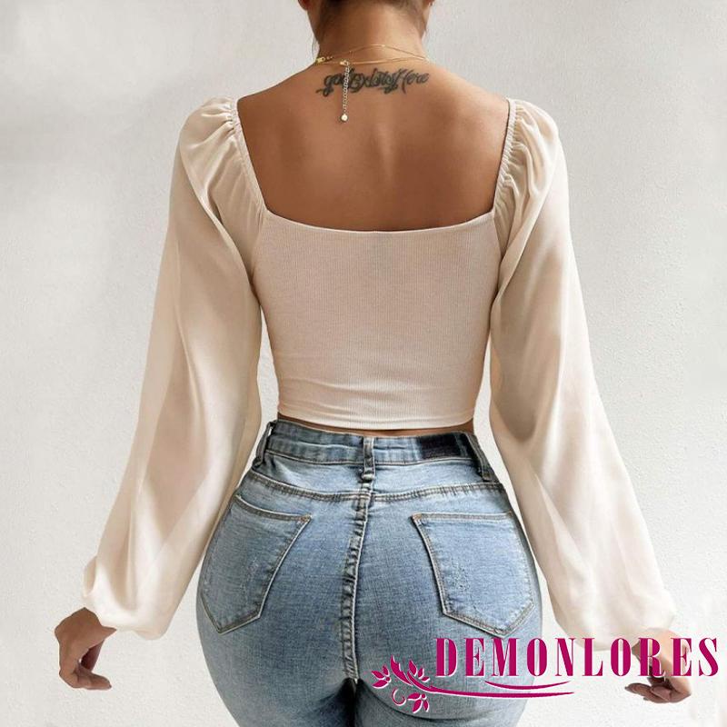 Áo Croptop Dệt Kim Ôm Dáng Tay Phồng Dài Cổ Chữ V Màu Trơn Phối Dây Rút Thời Trang Cho Nữ