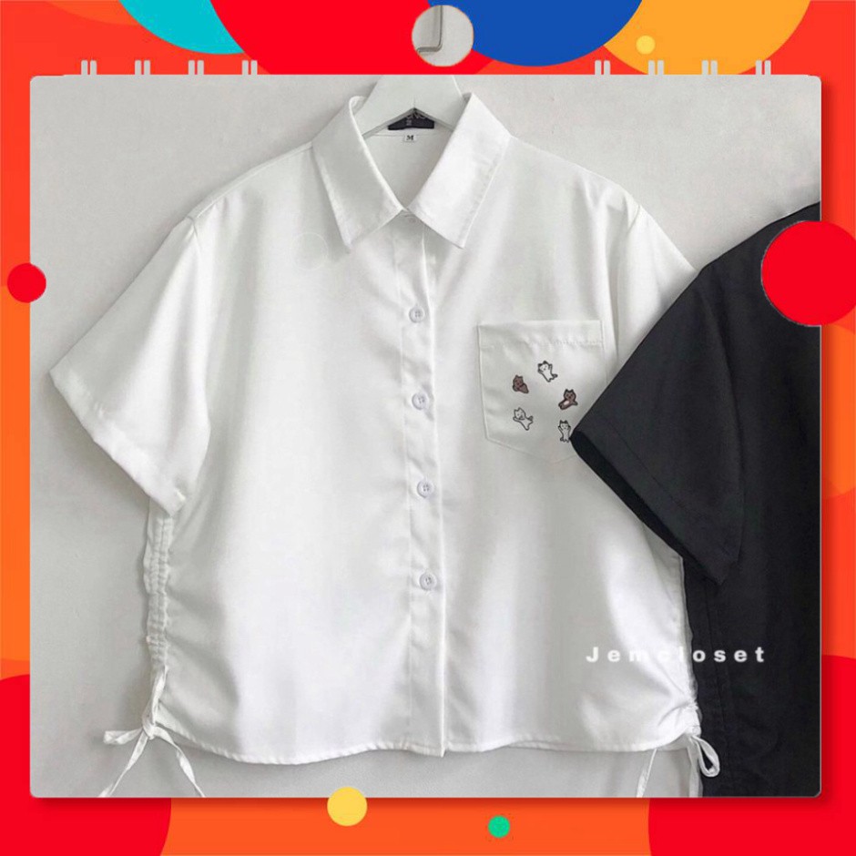 KOREA ÁO SƠ MI TRẮNG RÚT 2 BÊN HÔNG NỮ - Áo croptop sơ mi dây rút eo KOS Đen Trắng Túi Ngực Hình Thỏ