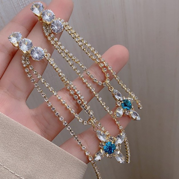 Bông tai tua dài đính đá mặt chữ thập khảm pha lê xanh_M1046