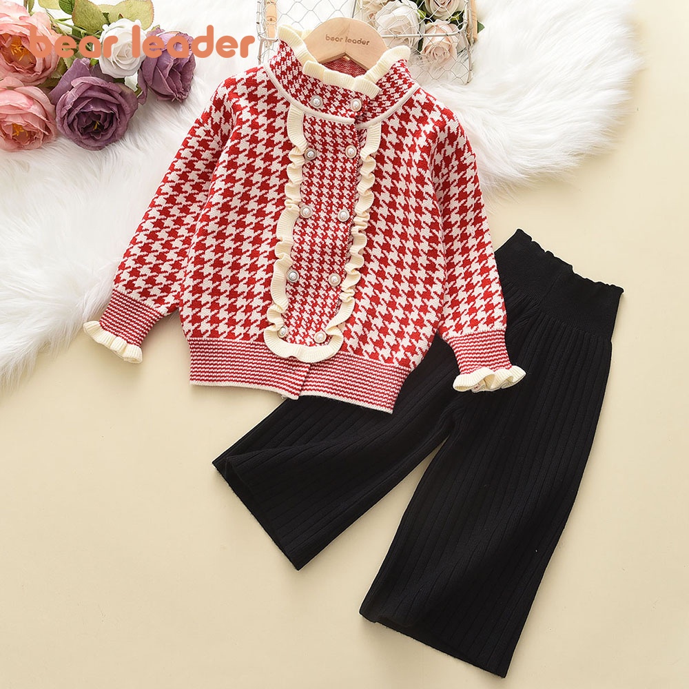 Set đồ 2 mảnh BEAR LEADER gồm áo khoác in họa tiết houndstooth và quần dài dệt kim thời trang cho bé gái 2-6 tuổi