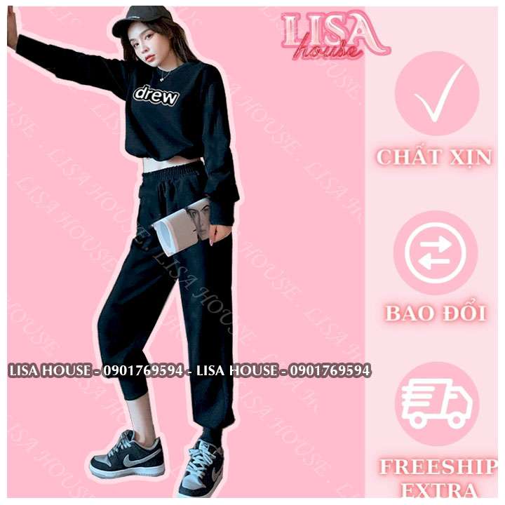 SET ĐỒ BỘ NỈ ÁO CROPTOP DREW DÀI FORM RỘNG CAO CẤP, SET THỂ THAO NĂNG ĐỘNG HOT HIT