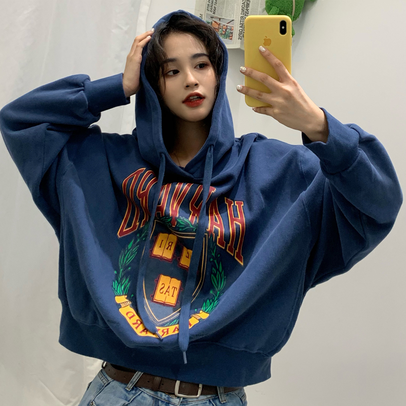 Áo hoodie tay dài dáng rộng in họa tiết duyên dáng phong cách mùa thu