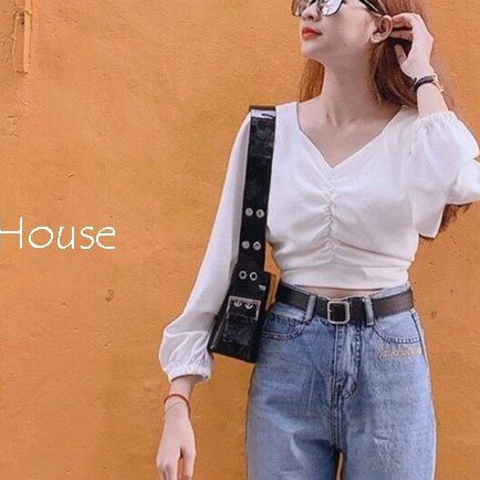 Áo Croptop Dài Tay Nhún Ngực Chất gân mịn Quyến Rũ Laca Store, áo crt kiểu bo ngực tay phồng B10-1