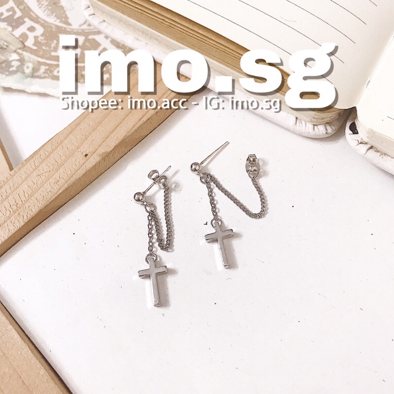 Bông tai thánh giá chữ thập cài vòng ra sau tai bạc 925 imo.sg độc đáo xịn sò cá tính dễ diện phong cách hàn