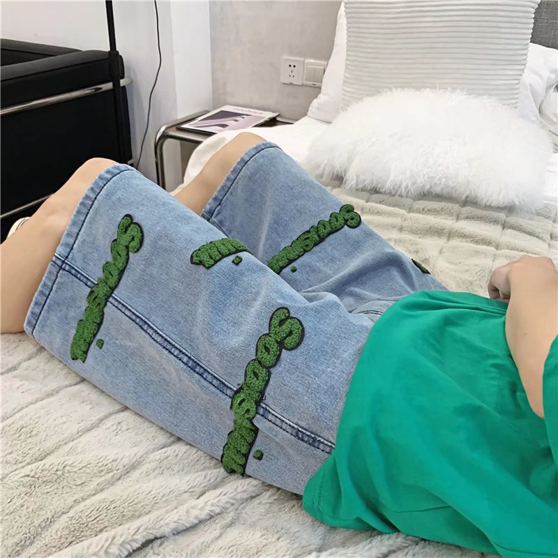 Quần Short Jean Ống Rộng Thêu Chữ Thời Trang Mùa Hè Dành Cho Nam