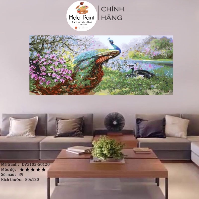 Tranh sơn dầu số hoá tự tô màu Tranh đôi chim công khổng tước trong rừng khổ lớn 50x120cm chưa căng khung