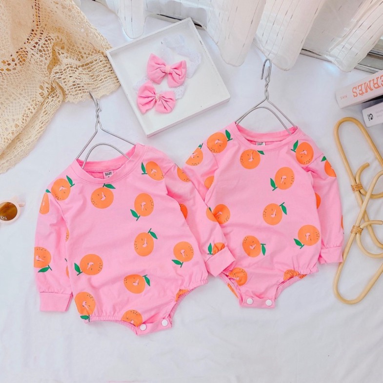 Bodysuit Dài Tay Quả Cam Cotton Cho Bé Gái Sơ Sinh 0-12 Tháng Kèm Turban, Váy Đầy Tháng, Bodysuit Sơ Sinh.