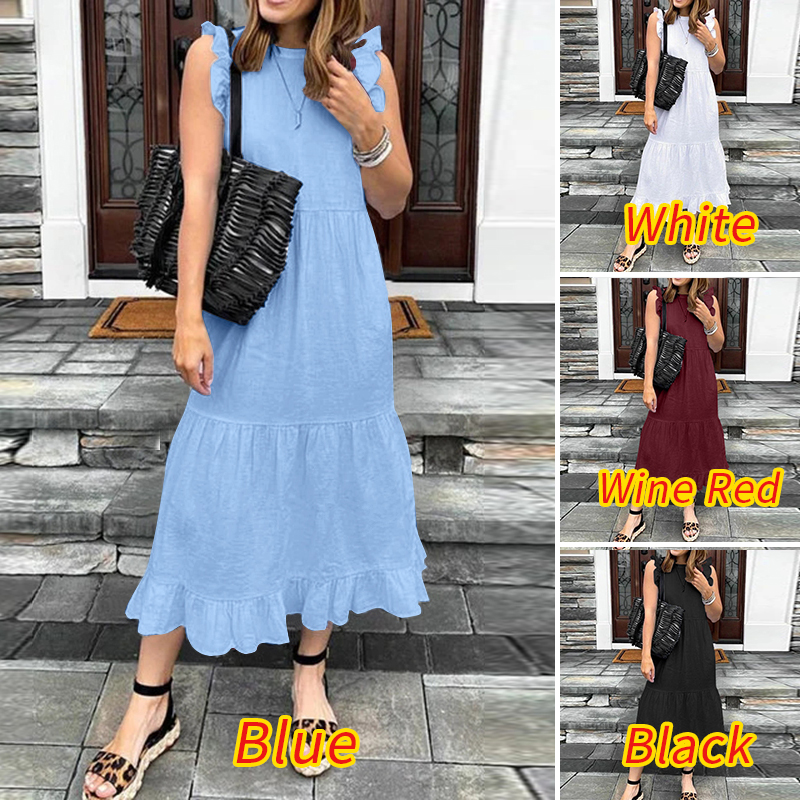 ZANZEA Women Fashion Casual Sleeveless O-Neck Solid Color Ruffles Dress