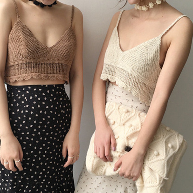 Áo không tay cổ xẻ V dạng ngắn đan len hoa thời trang Hàn Quốc