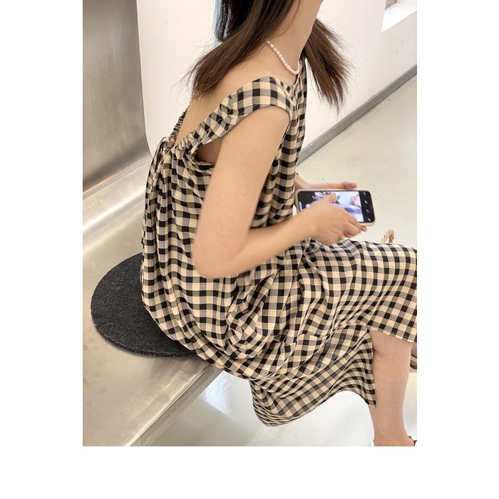 Đầm Dây Rút Xẻ Tà Không Tay Họa Tiết Sọc Caro Phong Cách Hàn Quốc Thời Trang