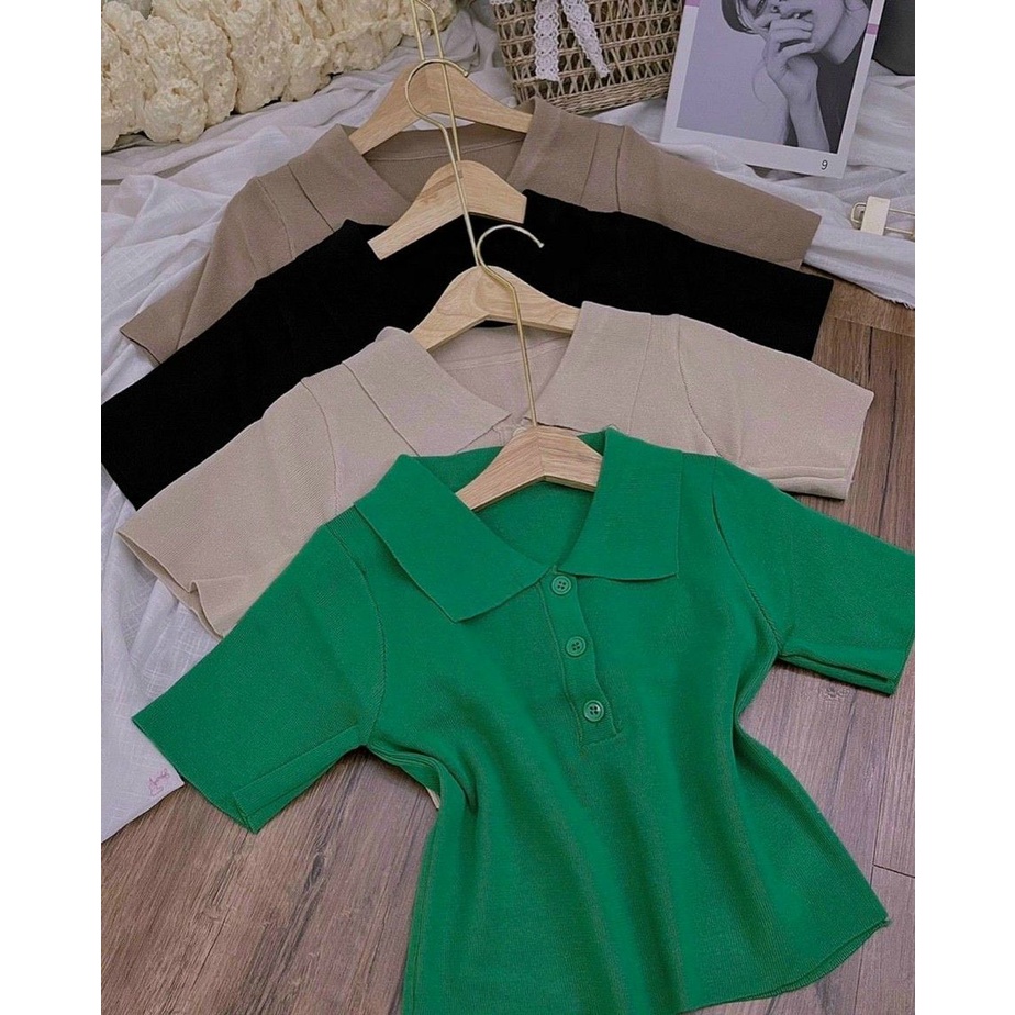 Áo montoghi cổ đức trơn cộc tay 3 khuy croptop