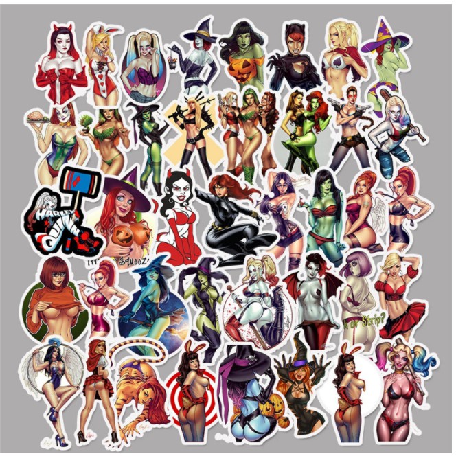 Combo sticker PHÙ THỦY SEXY nhựa PVC không thấm nước, dán nón bảo hiểm, laptop, điện thoại, Vali, xe