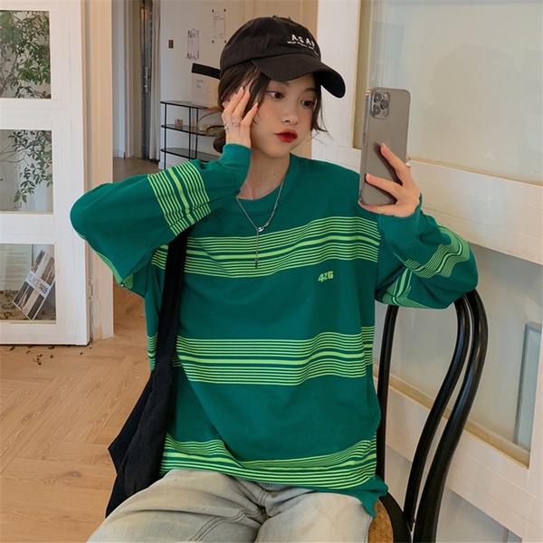 SUXI Áo sweater cổ tròn kẻ sọc thiết kế sành điệu thời trang mùa thu phong cách Hàn Quốc cho nữ