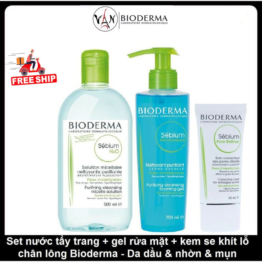 [Combo Bioderma ] Nước tẩy trang 500ml, sữa rửa mặt 200ml kem dưỡng se khít lỗ chân lông 30ml dành cho da dầu mụn