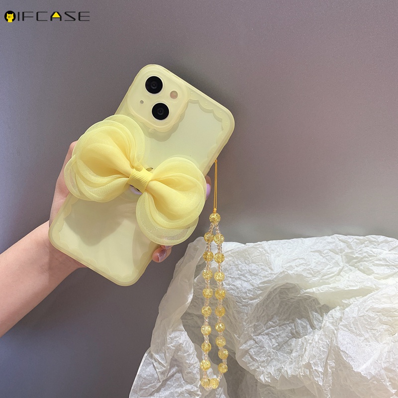 Ốp Điện Thoại TPU Mềm Màu Kẹo Trong Suốt Gắn Nơ Có Dây Đeo Cho iPhone 13 12 12 11 Pro Max XS Max XR X
