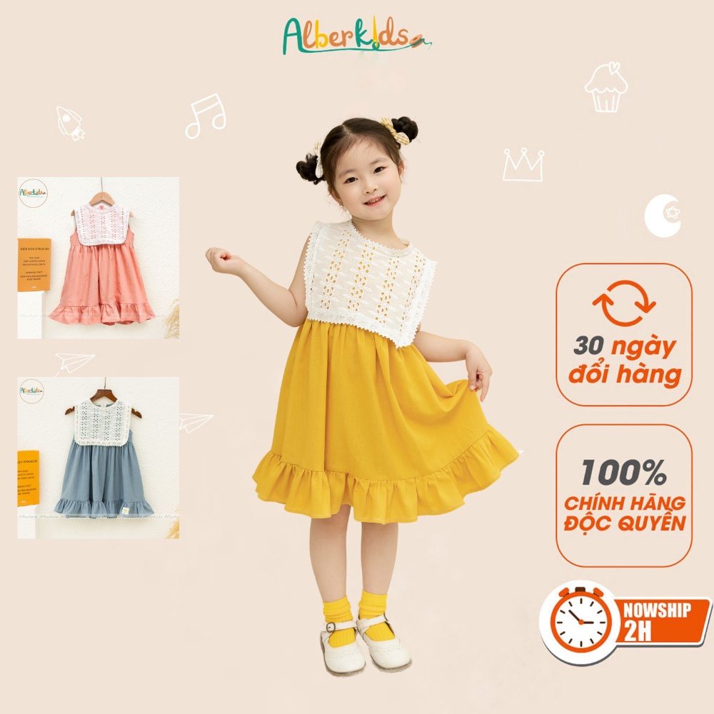 Váy bé gái ALBERKIDS phối ren vuông 3 màu sắc vàng hồng xanh xinh đẹp cho trẻ em 2,3,4,5,6,7,8,9,10,11,12 tuổi[V49]