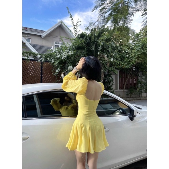 Đầm xoè tay phồng phối ren vàng