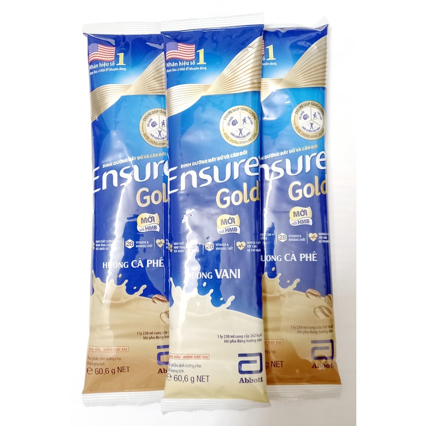 Sữa Ensure gói Gold Vani - Ensure hạnh nhân, Ensure cafe nhiều vị HMB dạng gói 60,6g _ABBOTT