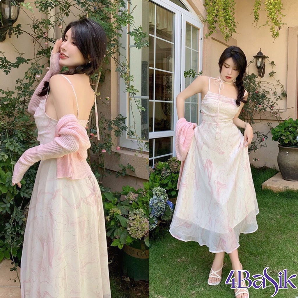Đầm Hai Dây Hoa Cổ Đổ/ Áo Cardigan Mỏng Phong Cách Hàn Quốc Phù Hợp Cho Nữ - VH01