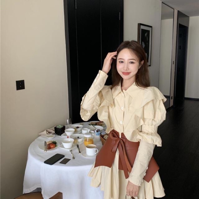 SET ĐẦM TIỂU THƯ CỰC HOT - váy sơmi tay bồng kèm đai da sang trọng chiết eo , váy hot order Taobao