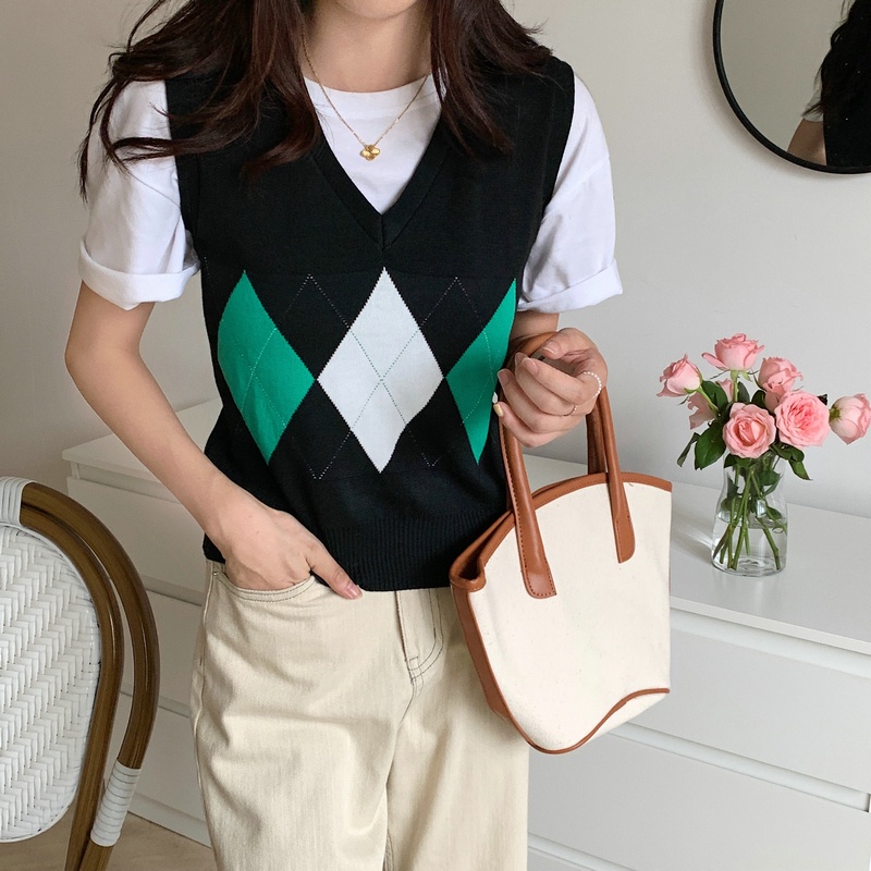 Áo len không tay họa tiết sọc caro phong cách retro Mỹ
