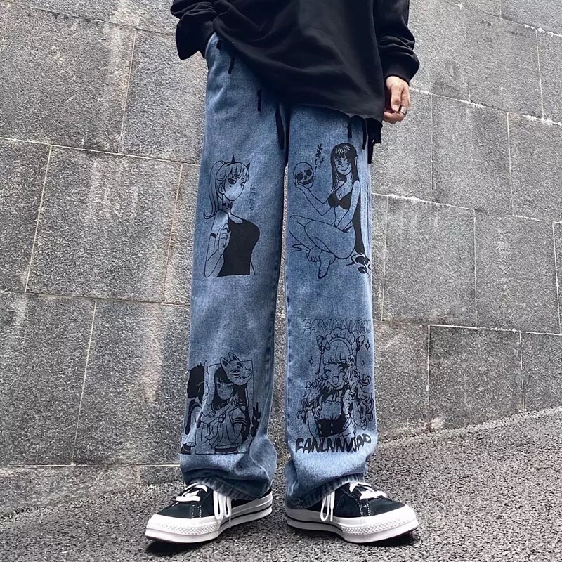 Quần Jeane Ống Rộng Dáng Suông - Phong Cách Hàn Quốc - QJ 010- Thời Trang Unisex - Phối Hình In có size Nam và Nữ