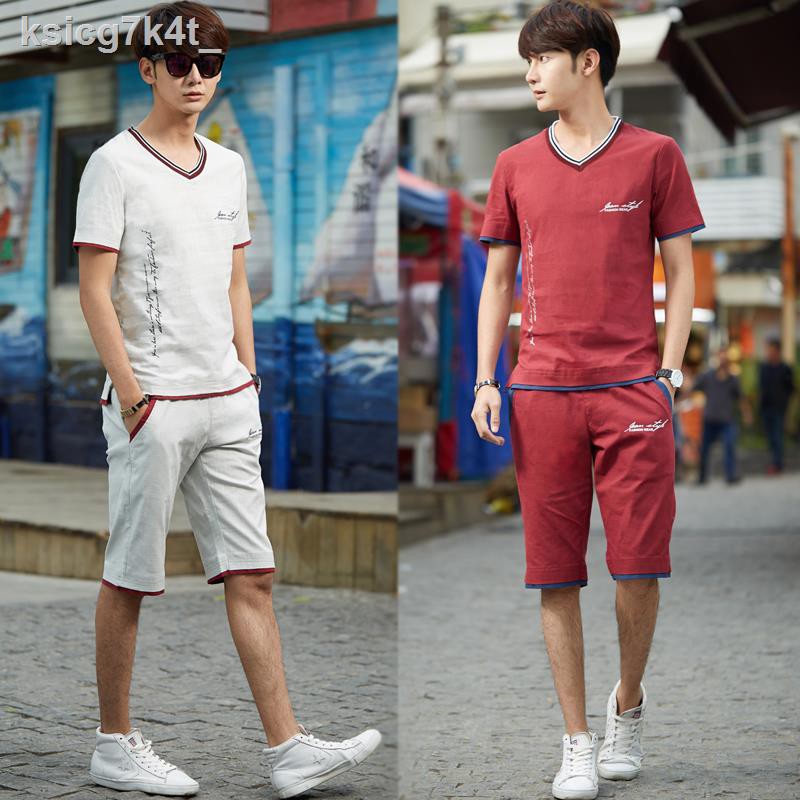 trang phục thể thaoquần short thể thao✹Bộ quần áo thể thao nam mùa hè Hàn Quốc đùi ngắn tay mỏng bằng vải cotton v
