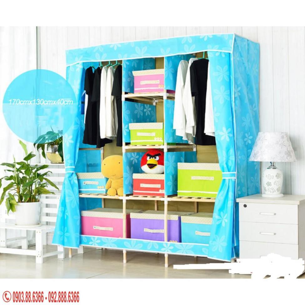 Tủ vải đựng quần áo 3 buồng khung gỗ