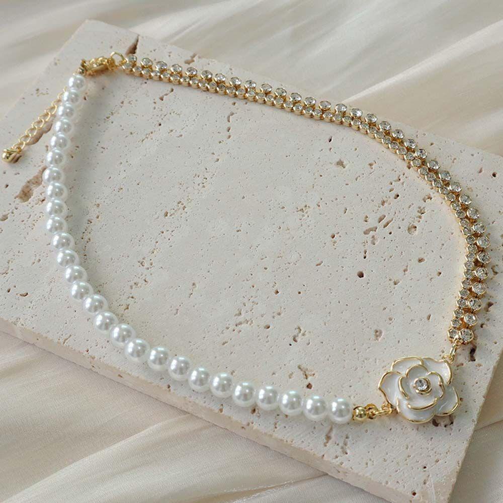 VANES1 Vòng cổ Mặt Hoa Đính Ngọc Trai Nhân Tạo Phong Cách Hàn Quốc