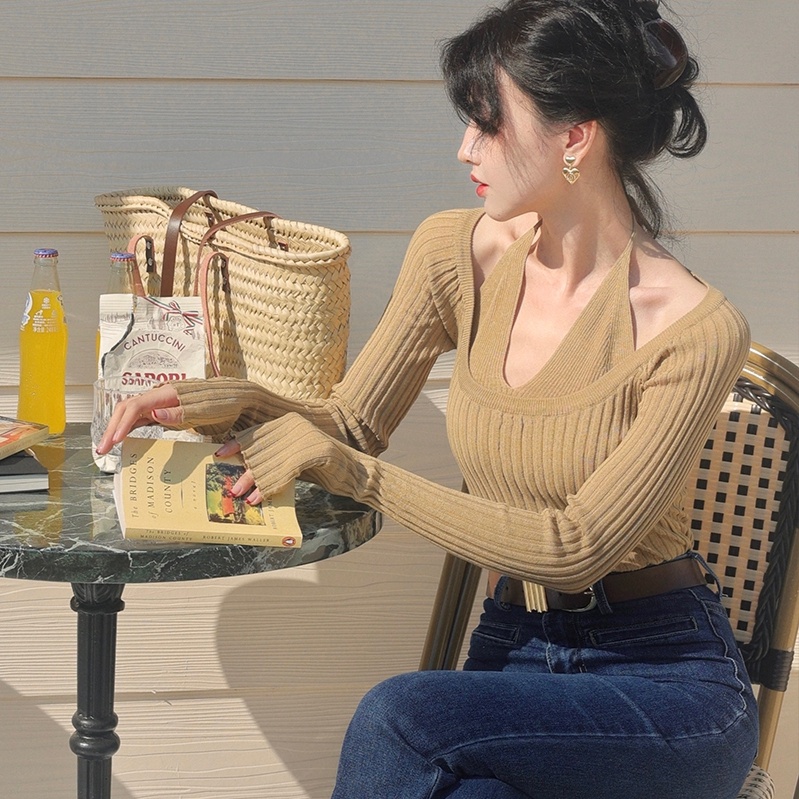 Áo dệt kim SUXI tay dài cổ chữ V màu trơn phong cách vintage mới