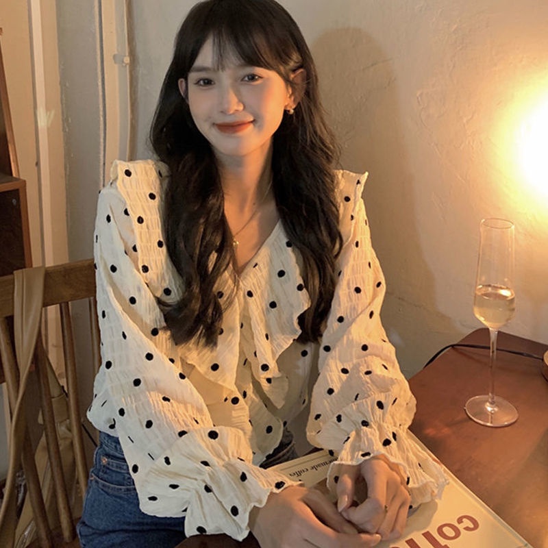Áo Sơ Mi Cổ Chữ V Tay Dài Dáng Rộng Họa Tiết Chấm Bi Phong Cách Pháp 2022 Thời Trang Cho Nữ