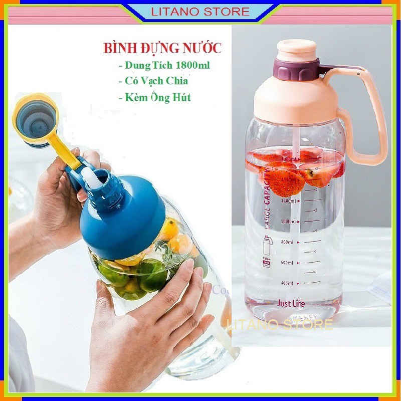 Bình Đựng Nước Nhựa Cỡ Lớn 1800ml Có Vạch Kẻ Chia Dung Tích Và Ống Hút Tiện Dụng