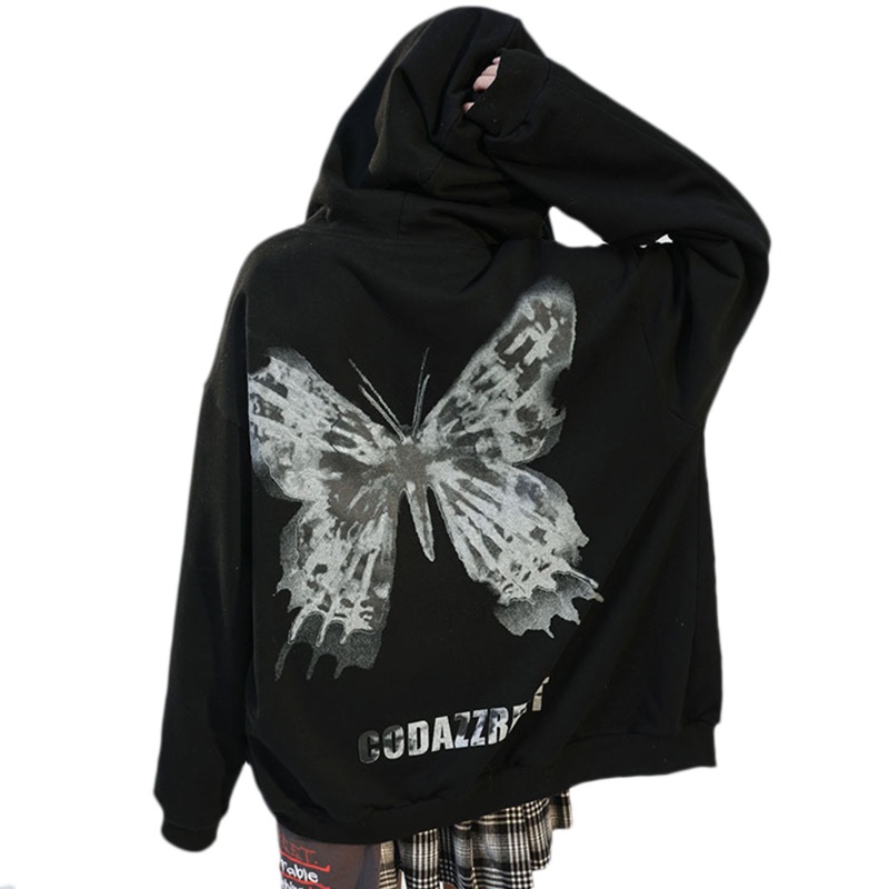 Áo khoác hoodie tay dài dáng rộng khóa kéo in hình bướm phong cách harajuku cho nữ