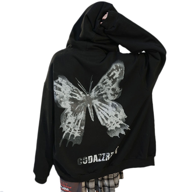 YOUYO Women Gothic Punk Butterfly Print Hoodies Jacket Harajuku Hip Hop Long Sleeve Zip Up Sweatshirt Oversized Loose Coat