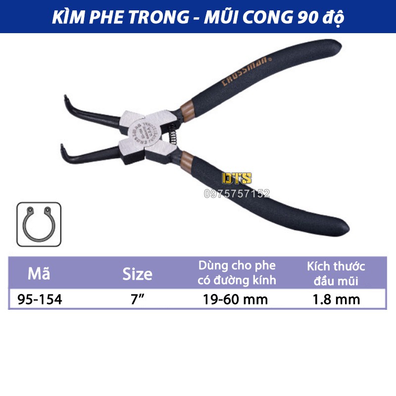Kìm mở phe trong mũi cong cao cấp CROSSMAN 95-154 GUARANTEE 7 inch, kìm phanh thép CR-V kềm mở phe mũi cong mở trong