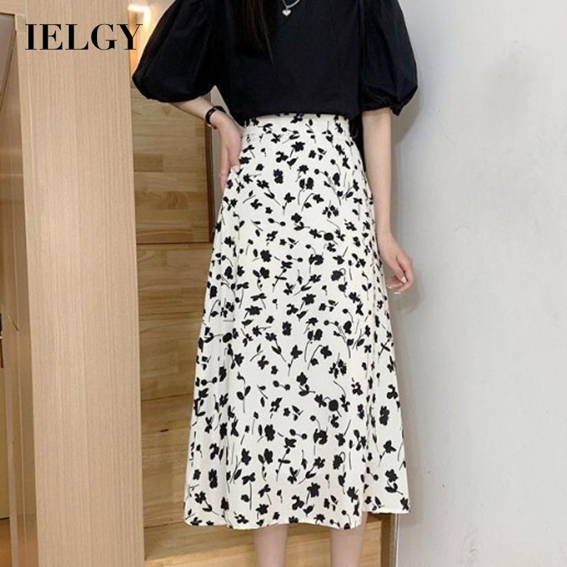 Chân váy chiffon Ielgy chữ A lưng cao co giãn họa tiết nhành hoa dành cho nữ