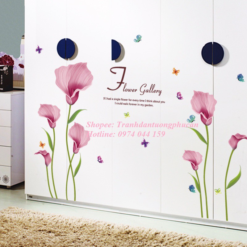 Decal dán tường bông hoa tím hồng xinh xắn