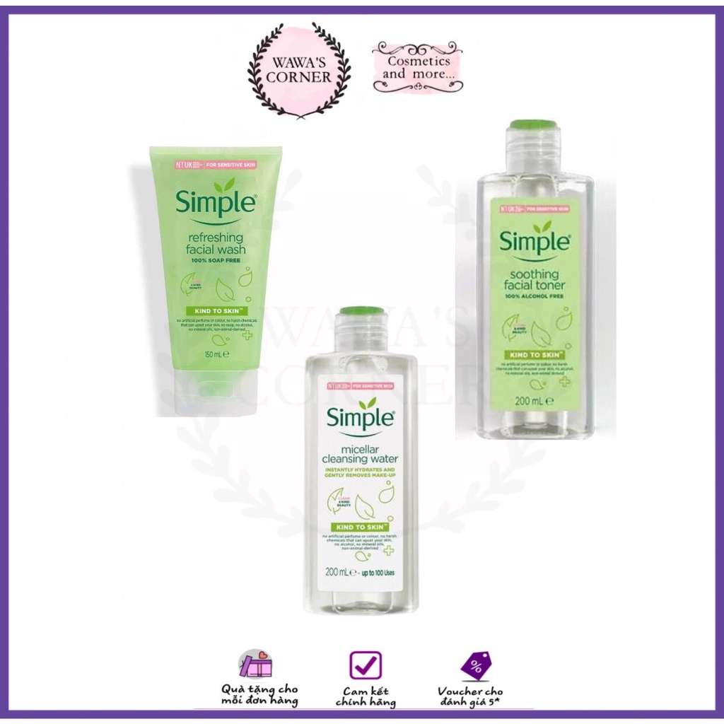 SIMPLE COMBO LÀM SẠCH TẨY TRANG, SỮA RỬA MẶT, NƯỚC HOA HỒNG SIMPLE MICELLAR WATER, FACIAL WASH, TONER