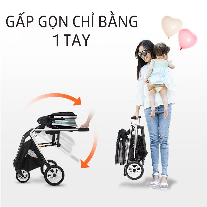 Xe đẩy nôi cao cấp 2 chiều gấp gọn, bánh cao su, khung hợp kim nhôm phủ bóng siêu nhẹ, cân nặng 7KG