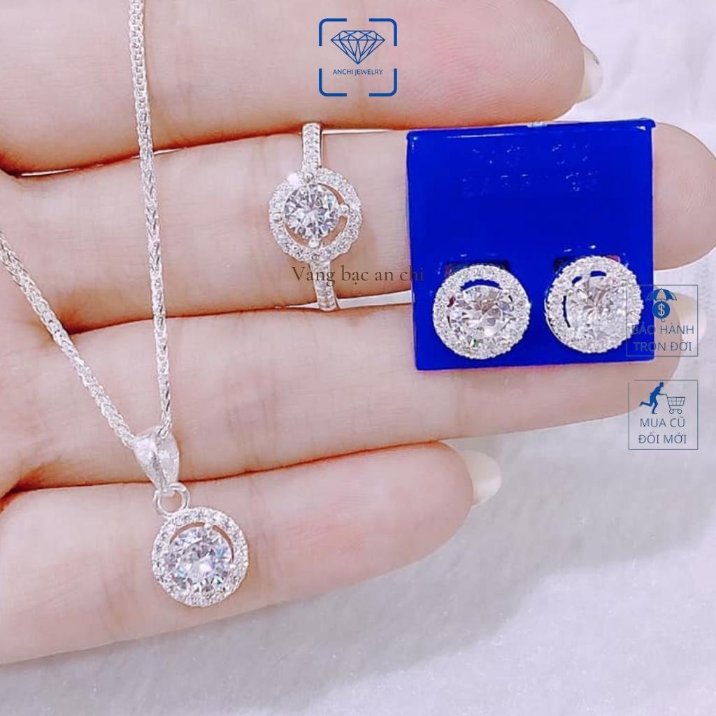 Bộ dây chuyền - bông tai - nhẫn mặt đá tròn, chuẩn bạc ta sáng đẹp không xuống màu, Anchi jewelry