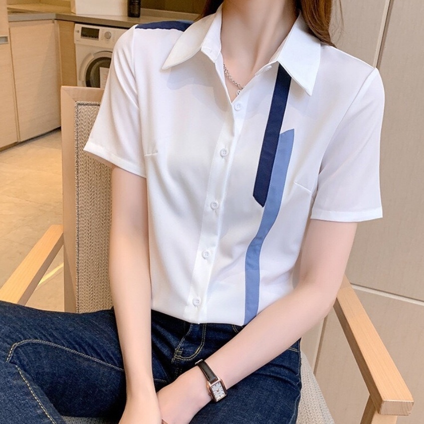 Áo sơ mi nữ ngắn tay kiểu đẹp viền một bên vai phong cách Hàn Quốc kiểu dáng basic trẻ trung sang trọng