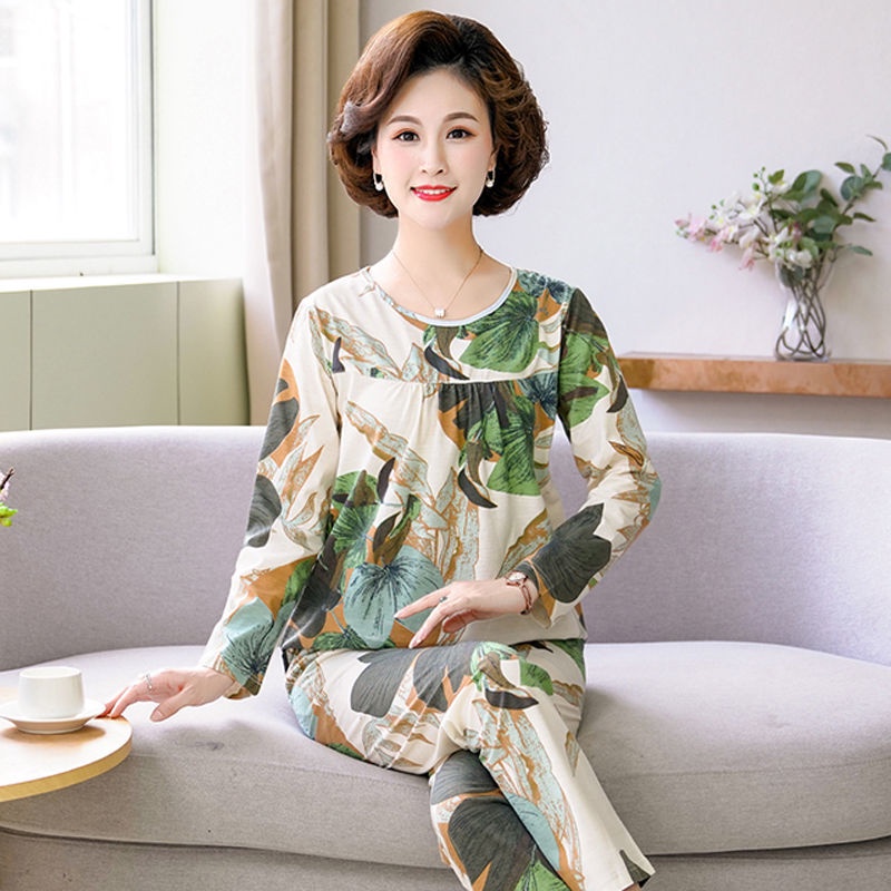 ●✕✉Đồ ngủ nữ mùa xuân thu đông của mẹ mẫu cotton dài tay cho người trung niên và già ngoại cỡ rộng rãi phù hợp với dịch