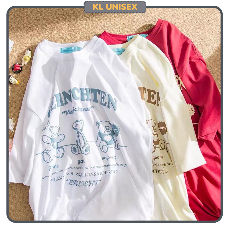 Áo thun in nổi chữ nam nữ 3 chú gấu from rộng tay lỡ Unisex