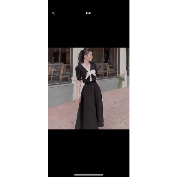 [8.8 Sales Freeship] Set váy tiểu thư vintage, set áo tay búp cổ v đính nơ to phối viền nút kèm chân váy dài sang trọng